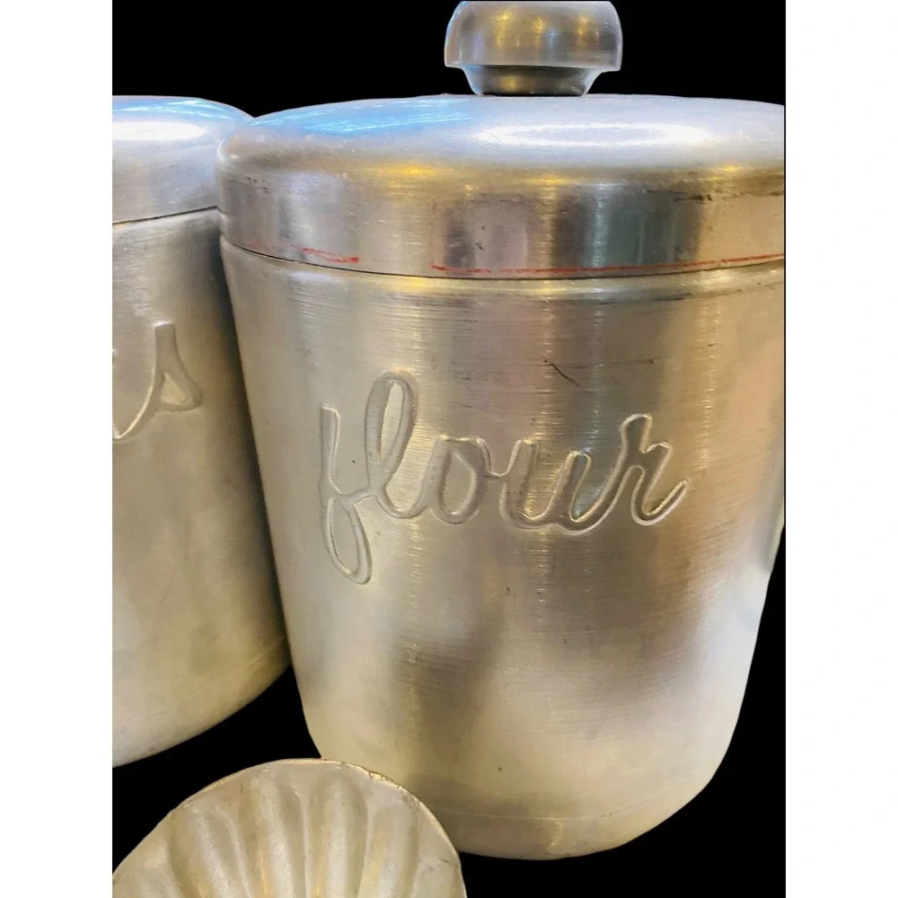 Vintage Brushed Aluminum Canister Set 4pc Flour Sugar Snacks Tea & Tart Molds